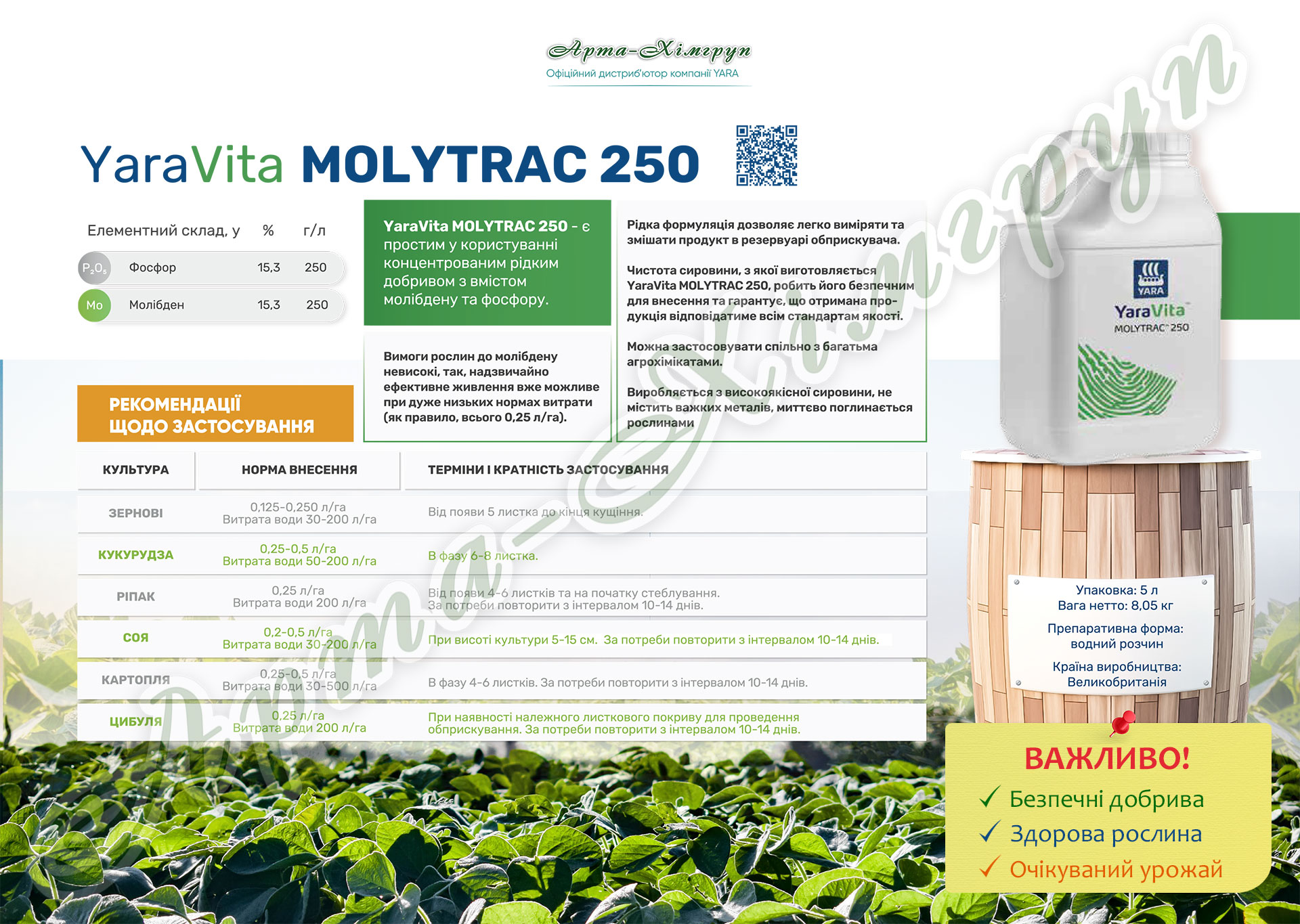 YaraVita MOLYTRAC 250 (ЯраВіта Молітрак 250) інформація про добриво YaraVita MOLYTRAC 250 (ЯраВіта Молітрак 250) інформація про добриво